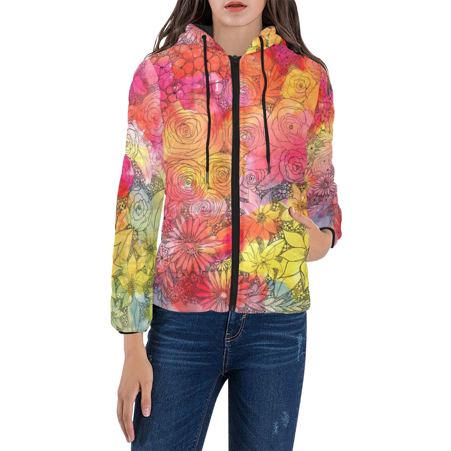 Inked Flowers - Women's Padded Hooded Jacket