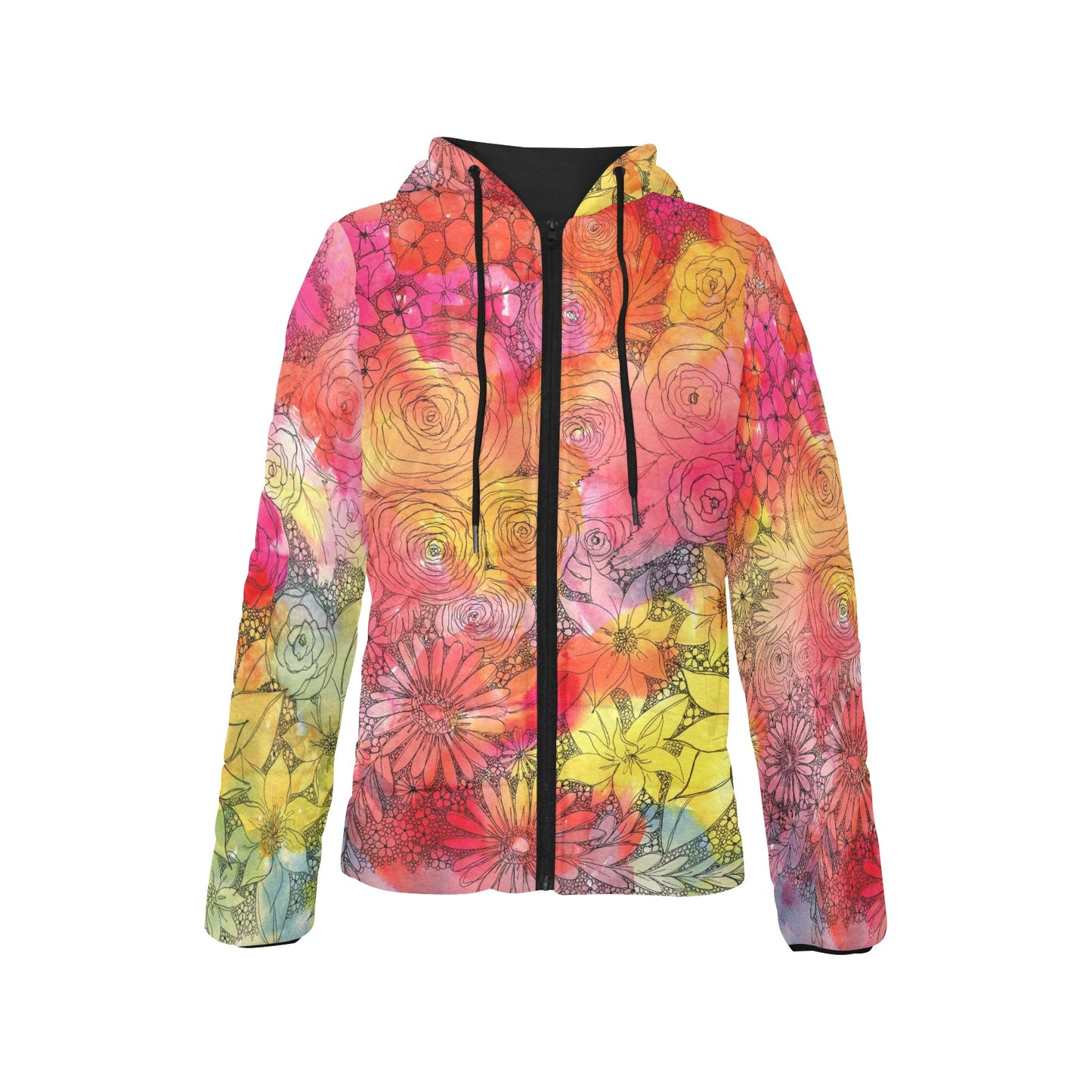 Inked Floral - Women's Padded Hooded Jacket